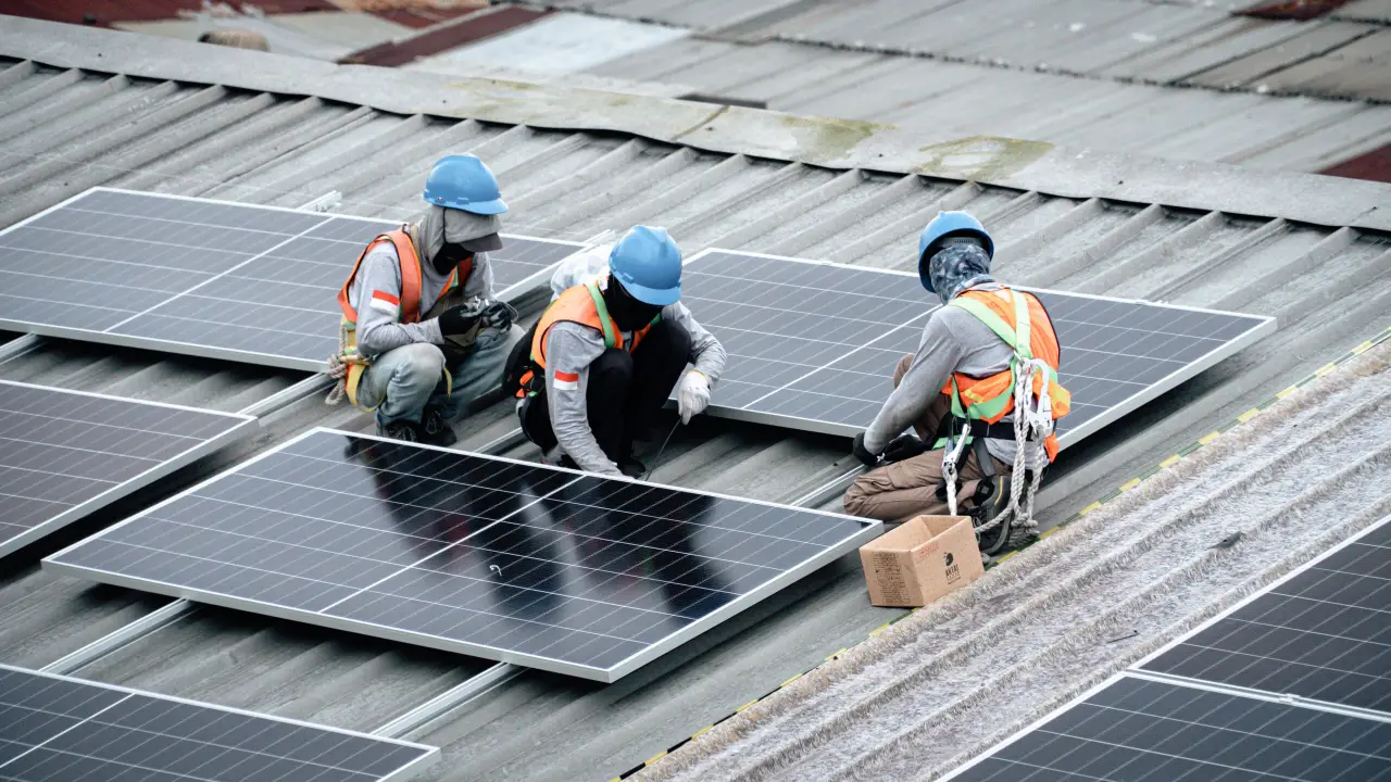 Rows of installed solar panels on the CSB roof